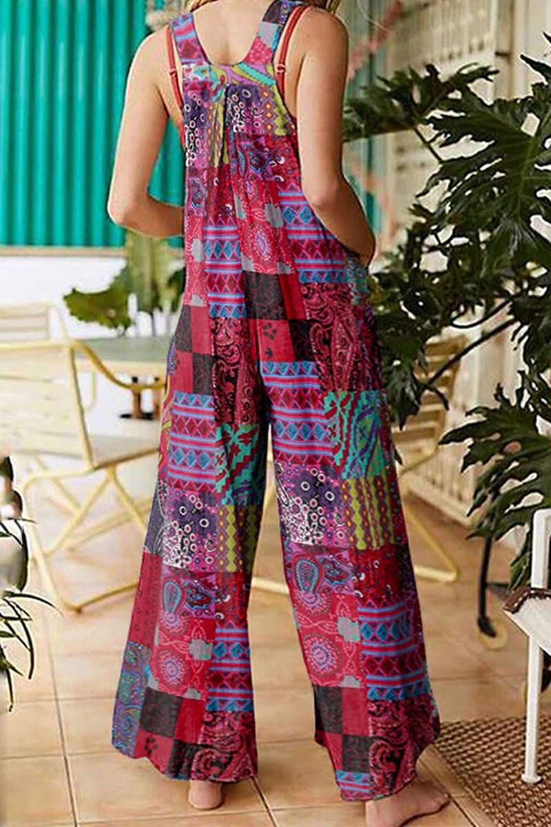 Print Split Joint Pocket Boat Neck Jumpsuits