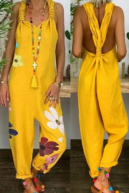 Patchwork Backless Fold V Neck Loose Jumpsuits(5 Colors)