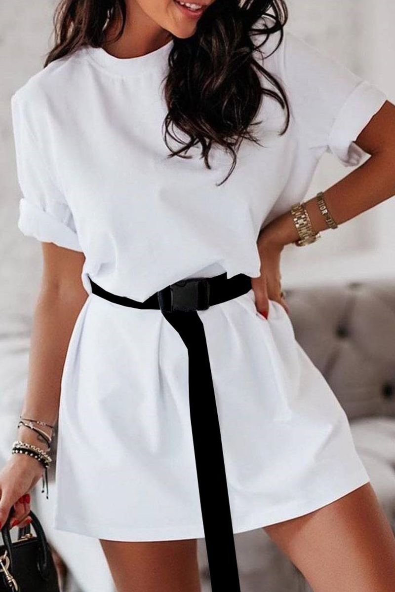 Basic With Belt O Neck T-shirt Dress Dresses(5 Colors)