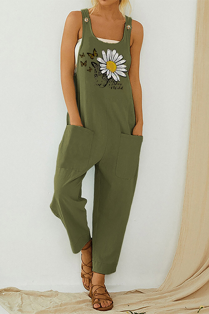 Print Pocket Buttons U Neck Straight Jumpsuits(3 Colors)