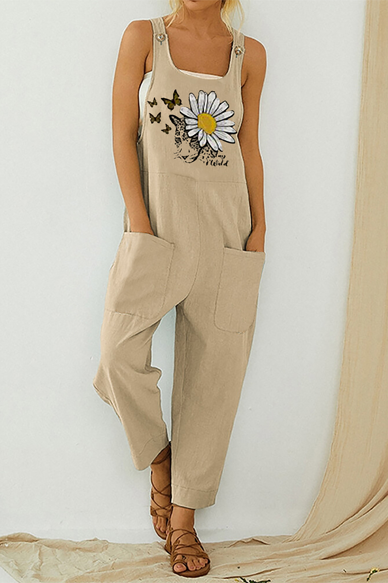 Print Pocket Buttons U Neck Straight Jumpsuits(3 Colors)