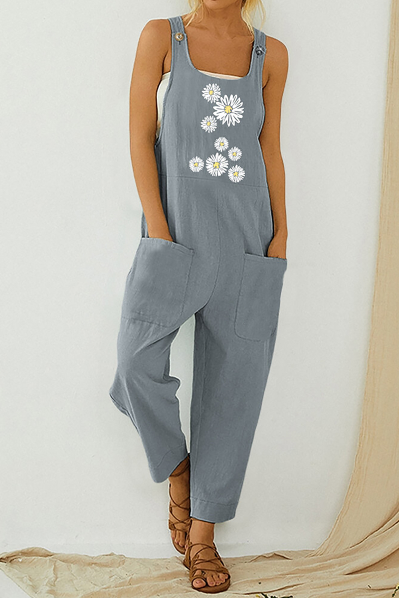Print Pocket Buttons U Neck Straight Jumpsuits(3 Colors)