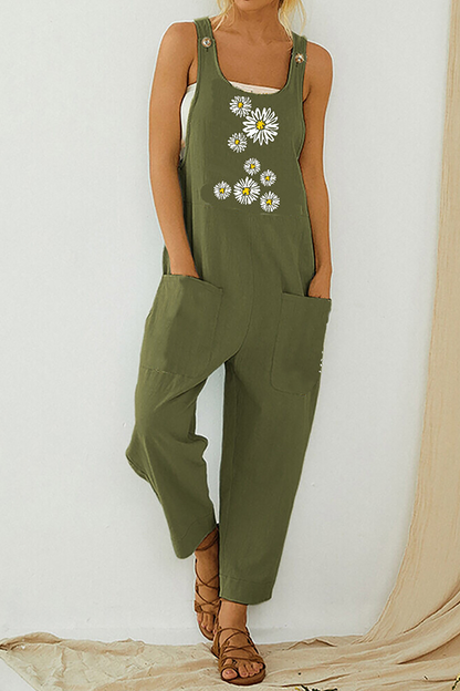 Print Pocket Buttons U Neck Straight Jumpsuits(3 Colors)