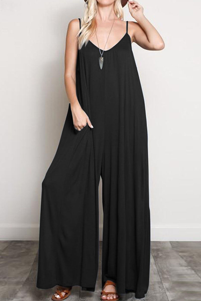 Street Patchwork V Neck Loose Jumpsuits