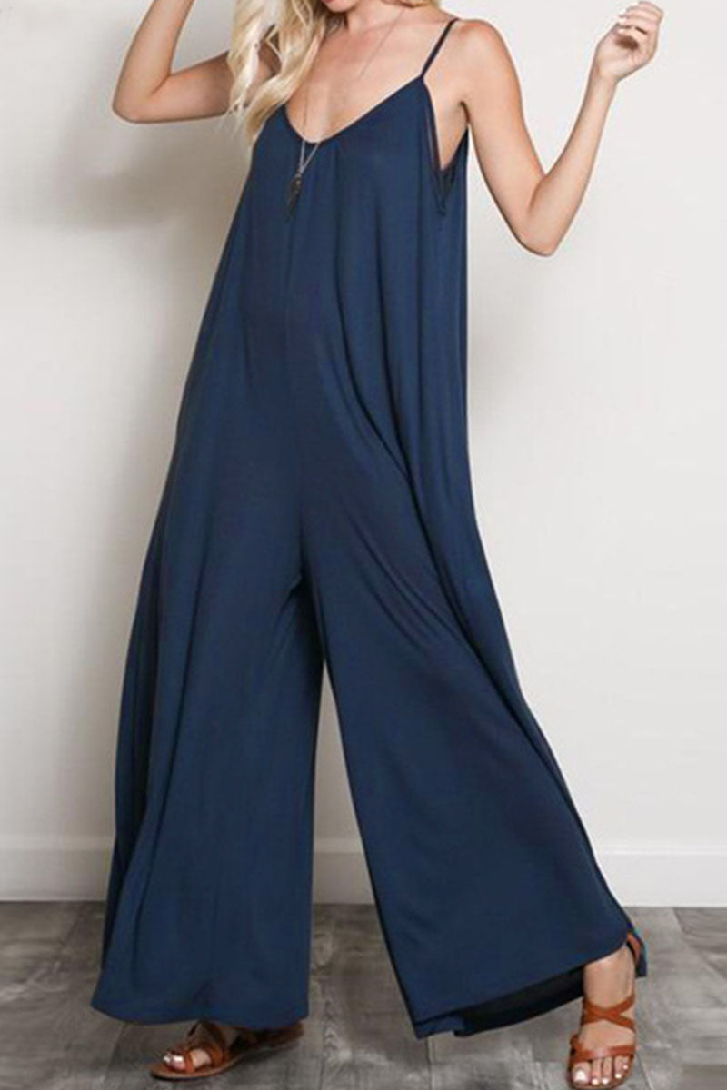 Street Patchwork V Neck Loose Jumpsuits