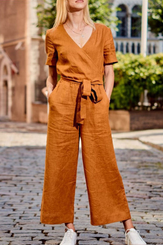 Patchwork V Neck Loose Jumpsuits