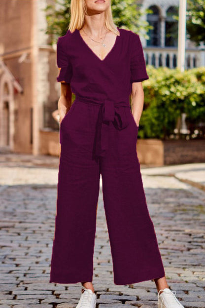 Split Joint V Neck Loose Jumpsuits(3 Colors)