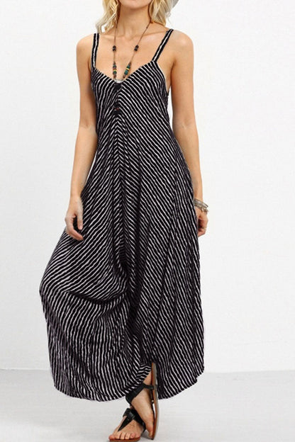 Striped Patchwork Spaghetti Strap Loose Jumpsuits
