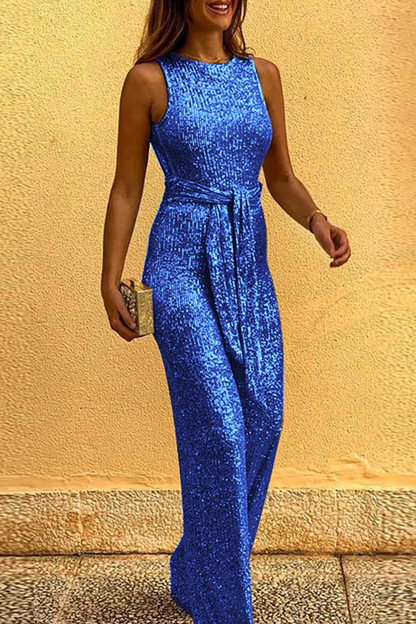Sequined With Belt O Neck Straight Jumpsuits(6 Colors)