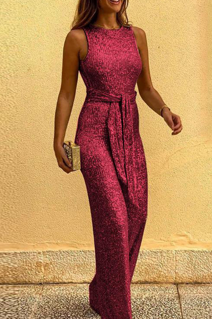 Sequined With Belt O Neck Straight Jumpsuits(6 Colors)