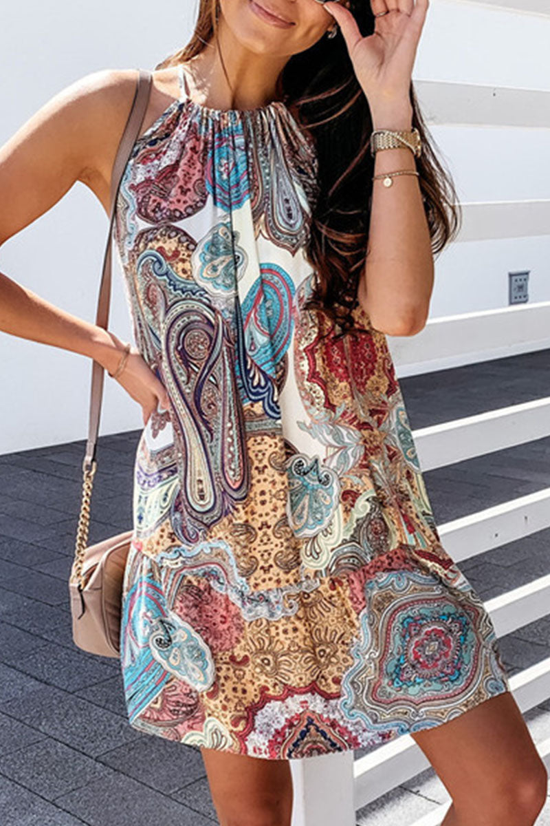 Street Print Halter a Line Mini Dresses