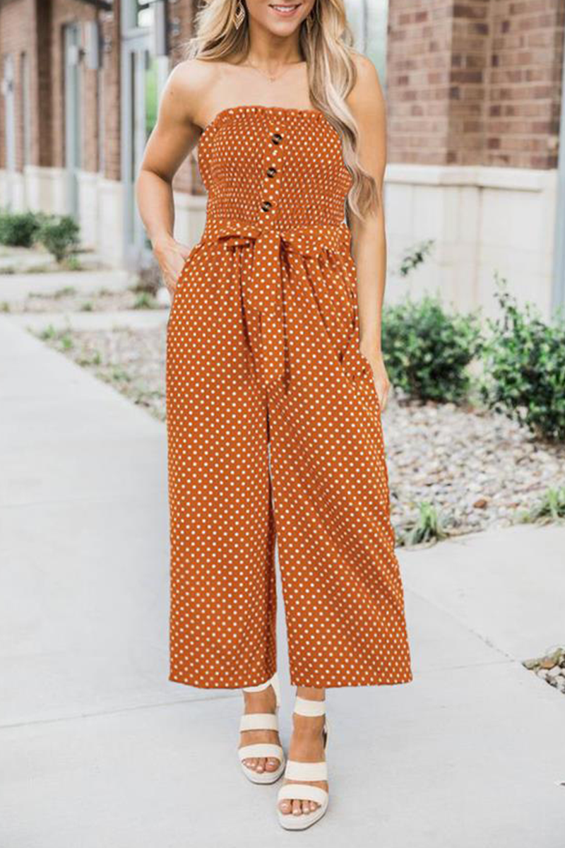 Dot Frenulum Buckle Strapless Straight Jumpsuits