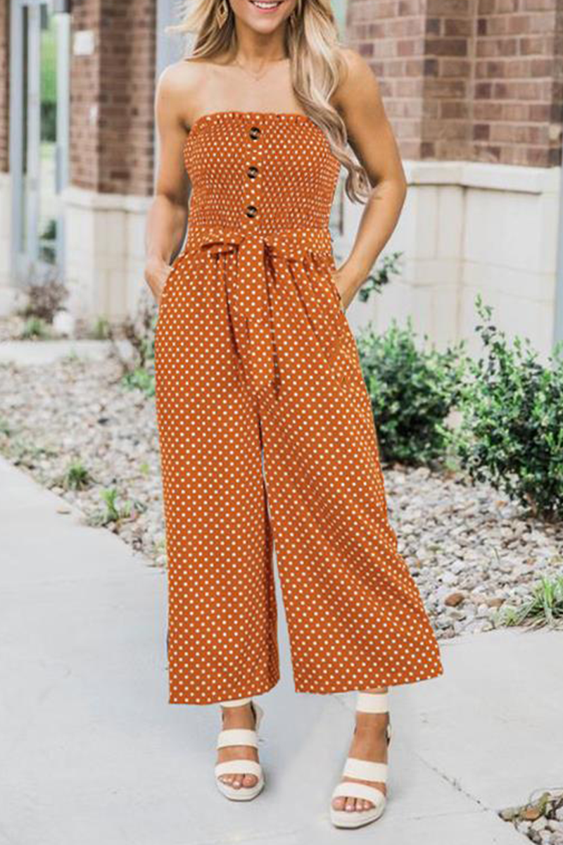 Dot Frenulum Buckle Strapless Straight Jumpsuits