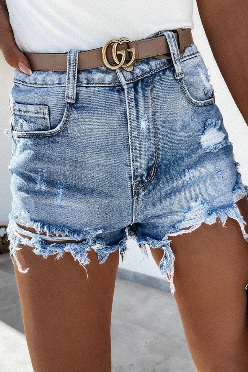 Street Tassel Ripped Mid Waist Denim Shorts