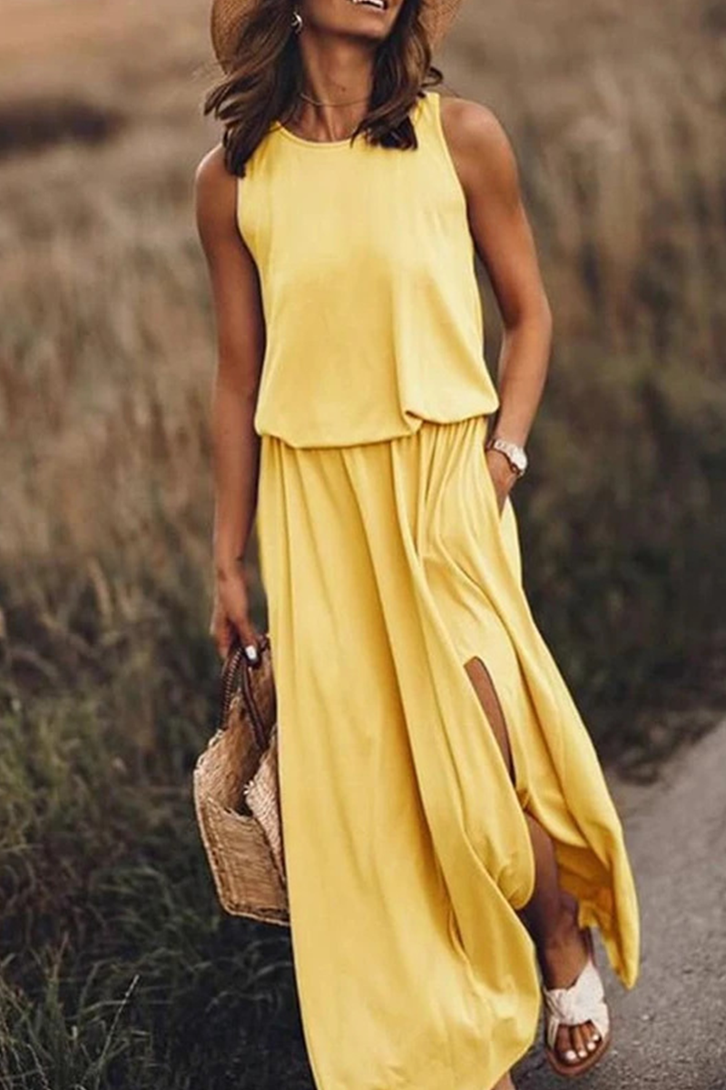 Slit O Neck Waist Skirt Dresses(8 Colors)