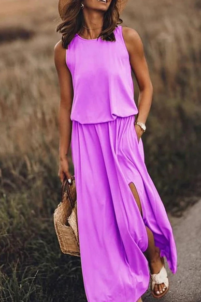 Slit O Neck Waist Skirt Dresses(8 Colors)