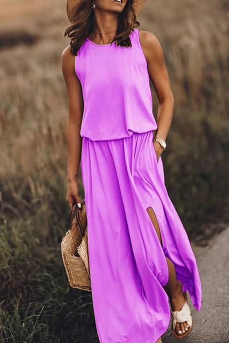 Patchwork Slit O Neck Waist Skirt Dresses(8 Colors)