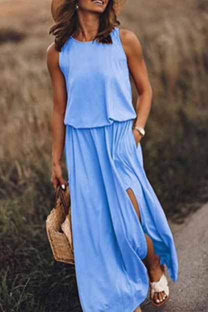Patchwork Slit O Neck Waist Skirt Dresses(8 Colors)