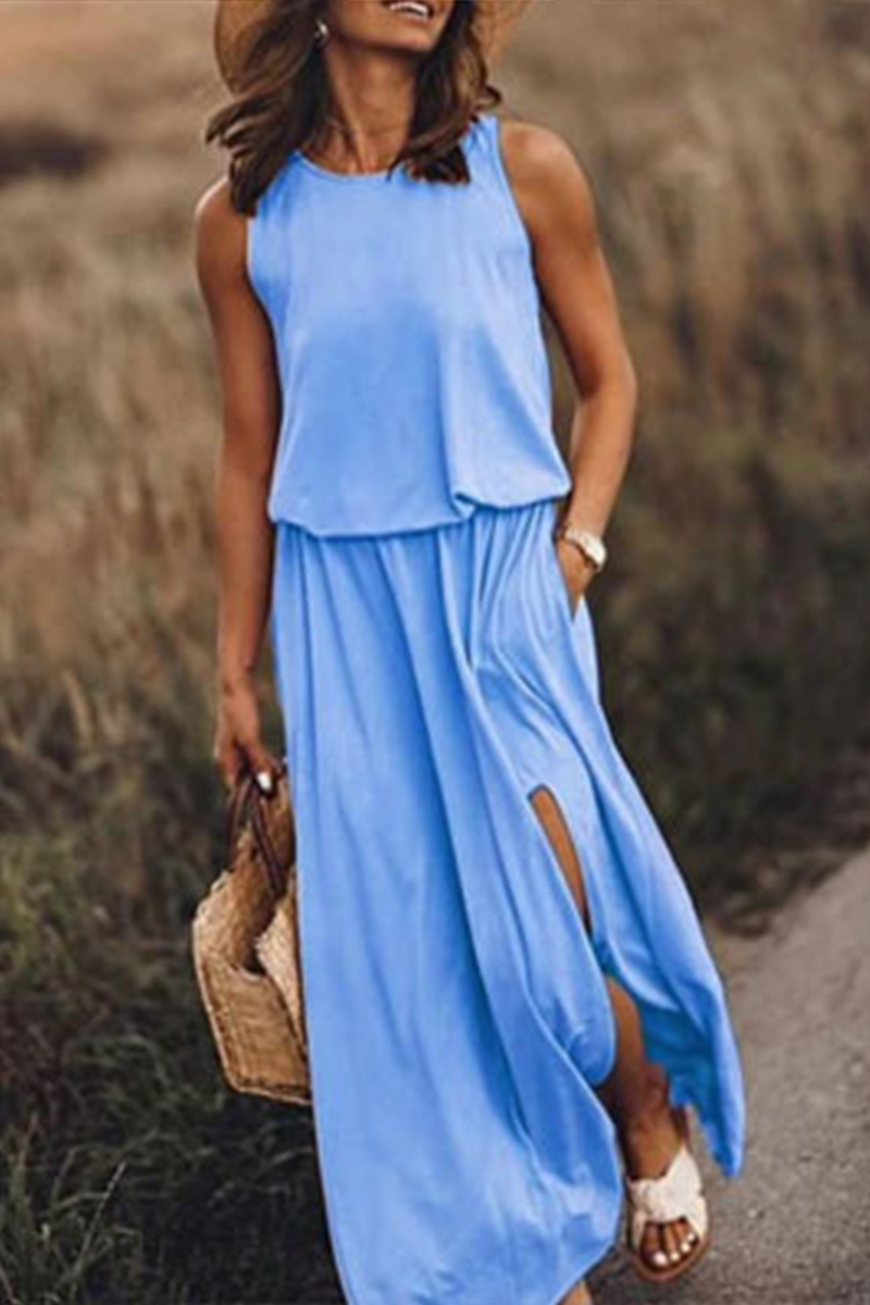 Slit O Neck Waist Skirt Dresses(8 Colors)