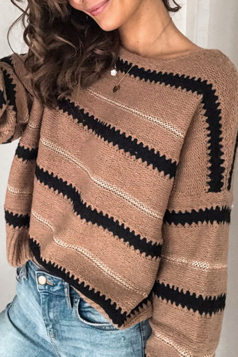 Striped Patchwork O Neck Sweaters(4 Colors)
