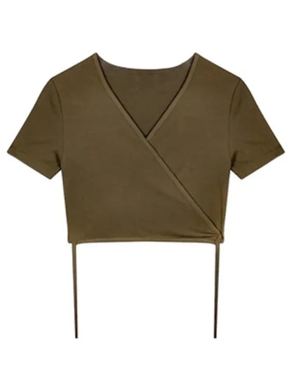 Summer Tee Tops T Shirts V-neck Cropped Cross Tie-up Harajuku Basic Korean Street T-shirts Mujer