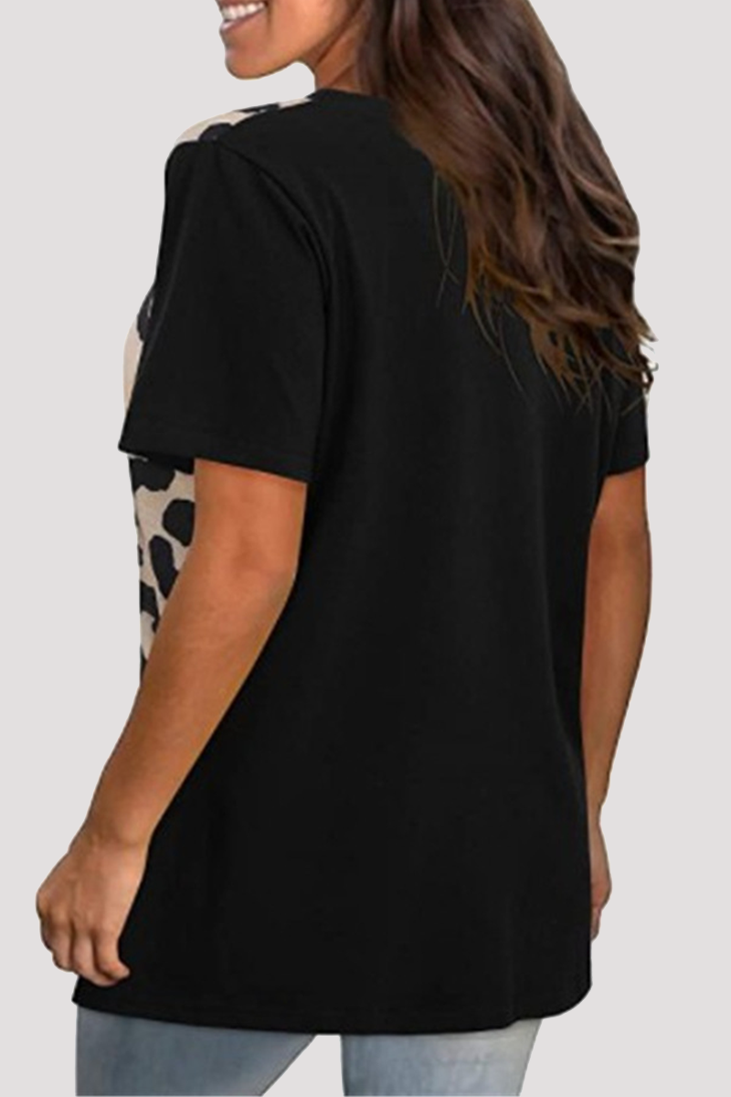 Patchwork Leopard Contrast O Neck T-shirts(4 Colors)