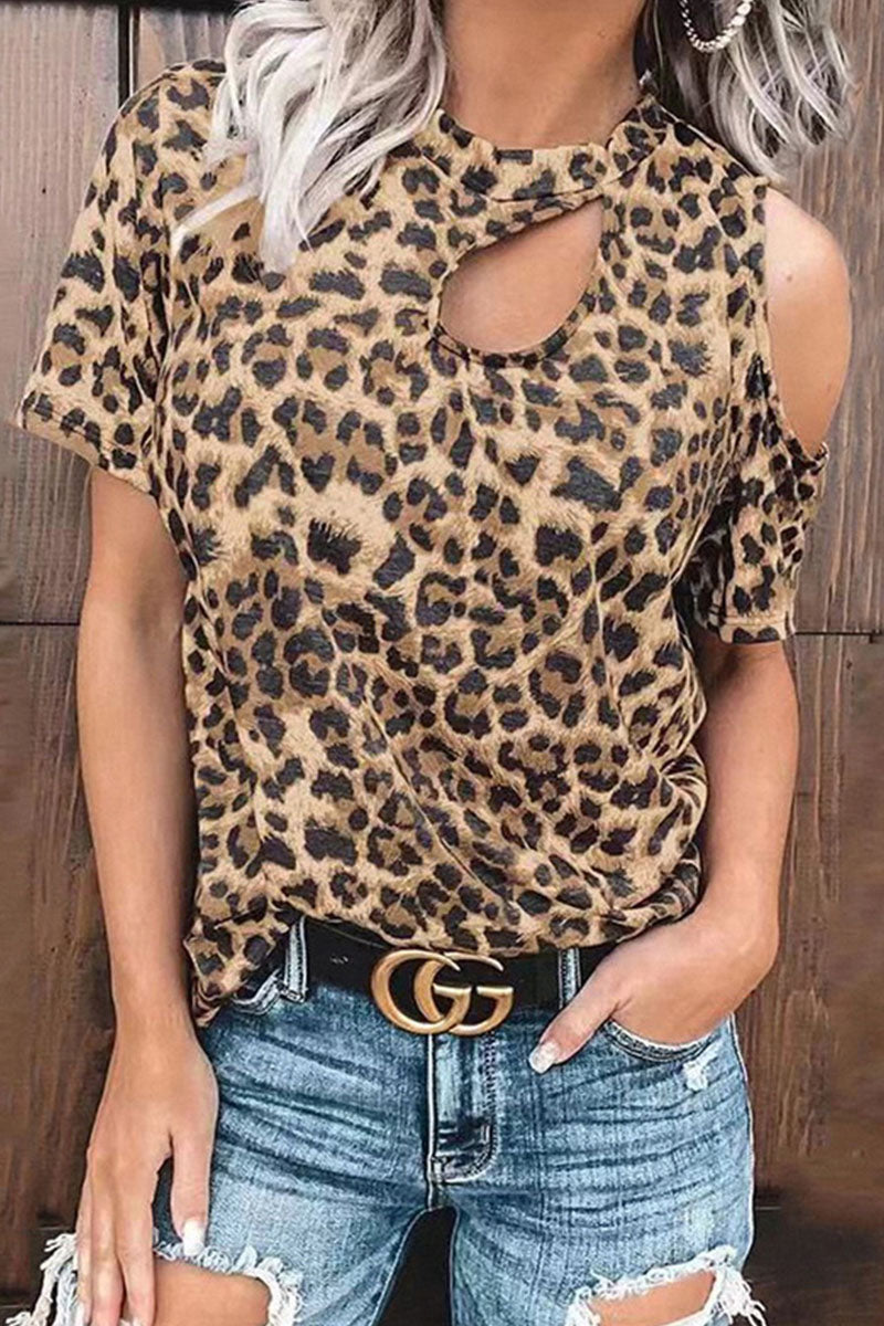 Street Leopard Split Joint O Neck T-shirts