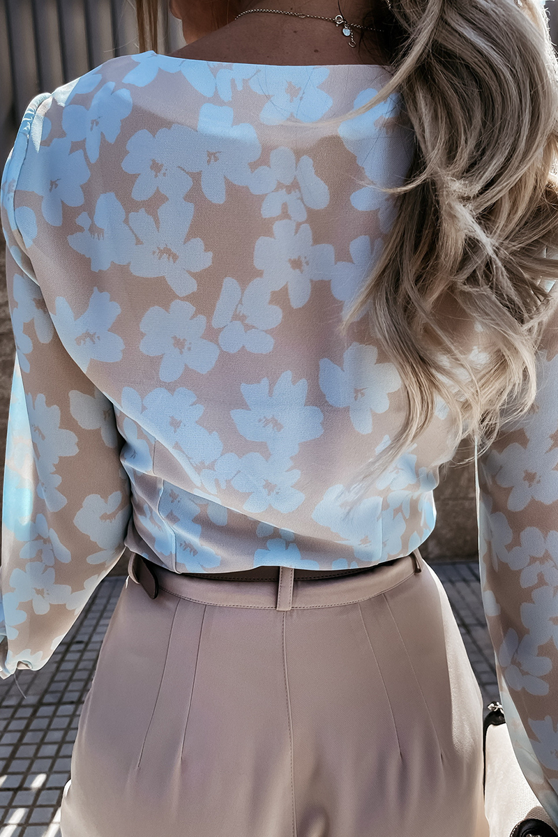 Print Patchwork Buckle V Neck Blouses (3 Colors)