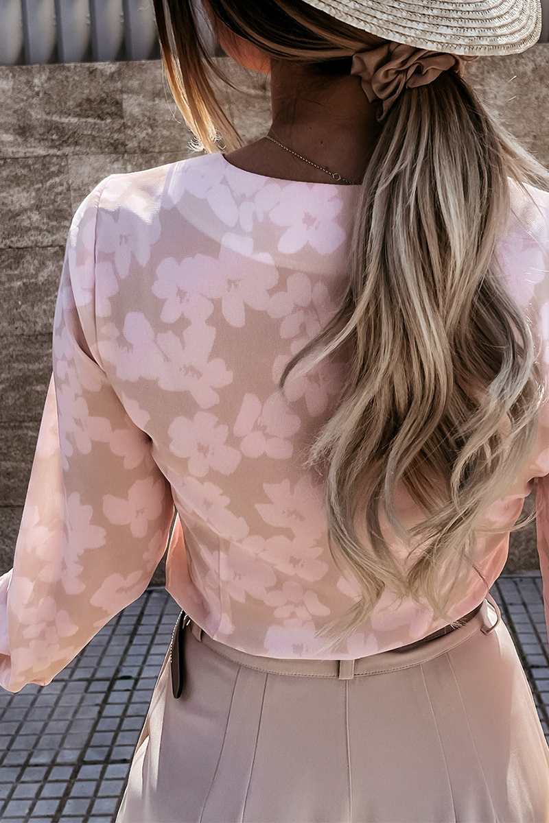 Print Patchwork Buckle V Neck Blouses (3 Colors)