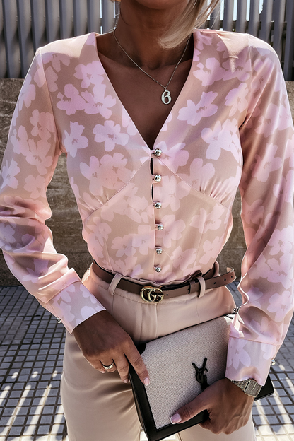 Print Patchwork Buckle V Neck Blouses (3 Colors)