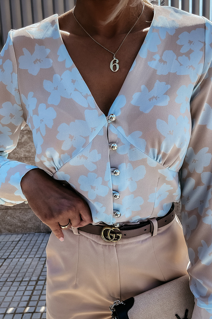 Print Patchwork Buckle V Neck Blouses (3 Colors)