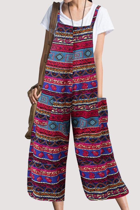 Print Pocket Capris Square Collar Loose Jumpsuits