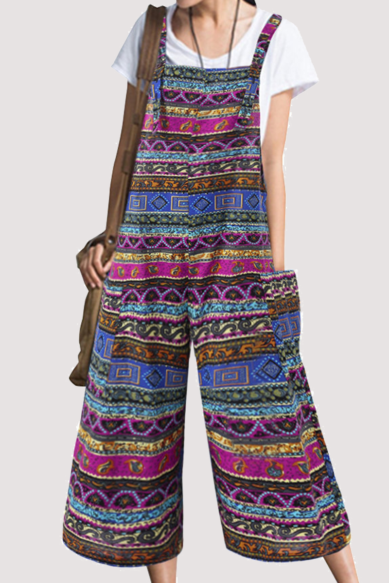 Print Pocket Capris Square Collar Loose Jumpsuits