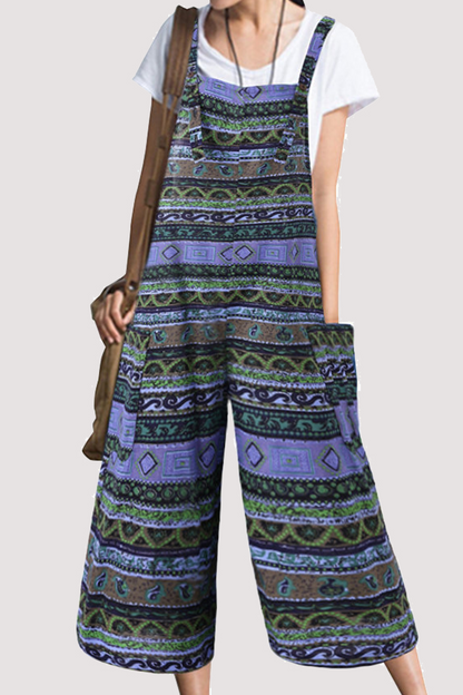 Print Pocket Capris Square Collar Loose Jumpsuits