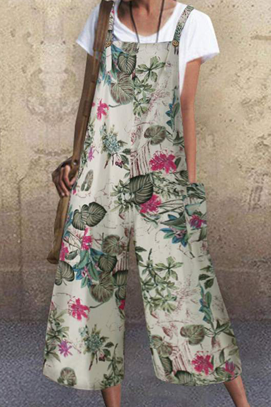 Print Pocket Buttons Capris Square Collar Loose Jumpsuits(3 Colors)