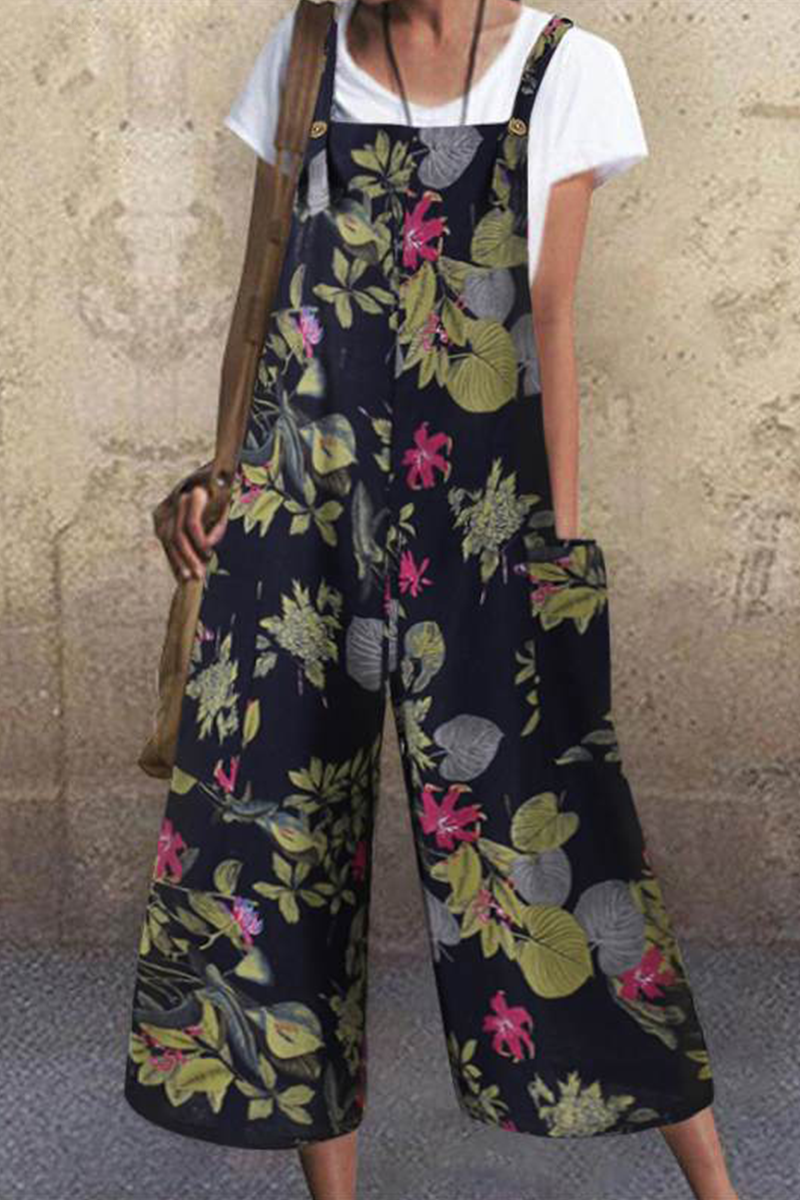 Print Pocket Buttons Capris Square Collar Loose Jumpsuits(3 Colors)