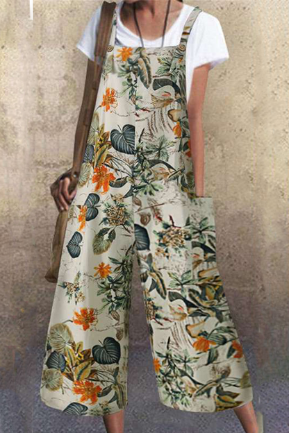 Print Pocket Buttons Capris Square Collar Loose Jumpsuits(3 Colors)