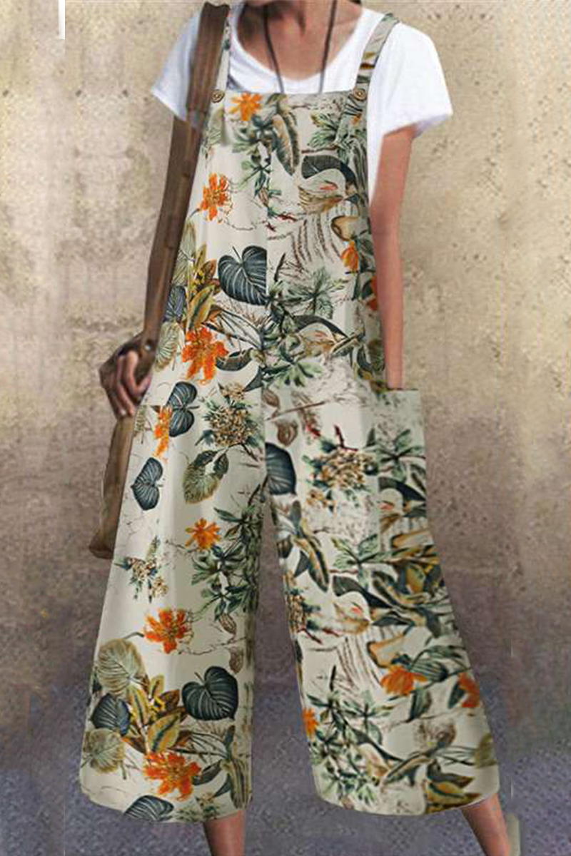 Print Pocket Buttons Capris Square Collar Loose Jumpsuits(3 Colors)
