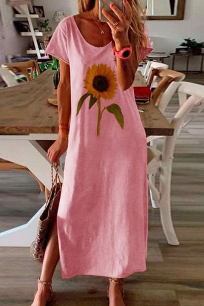 Print Slit O Neck Pencil Skirt Dresses