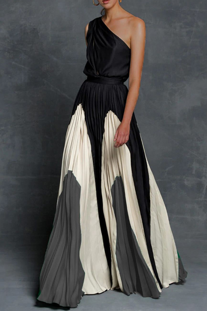 Patchwork Contrast Oblique Collar Waist Skirt Dresses(7 Colors)