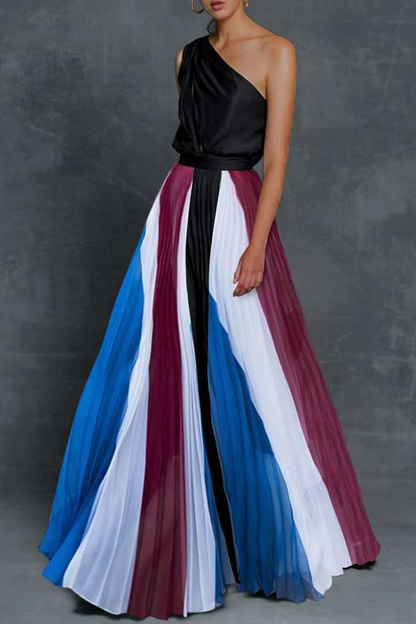 Patchwork Contrast Oblique Collar Waist Skirt Dresses(7 Colors)