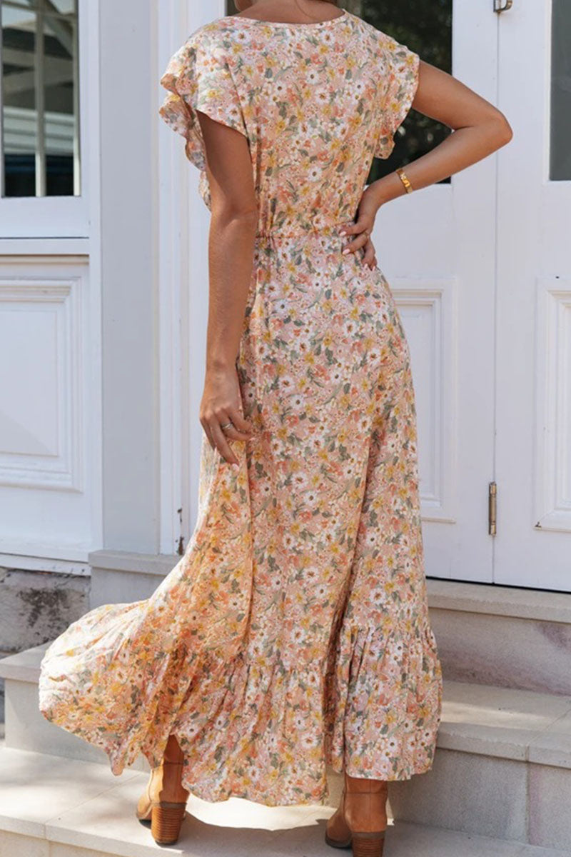 Street Print V Neck Waist Skirt Dresses
