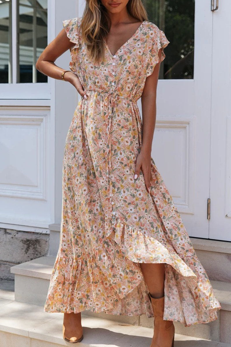Street Print V Neck Waist Skirt Dresses