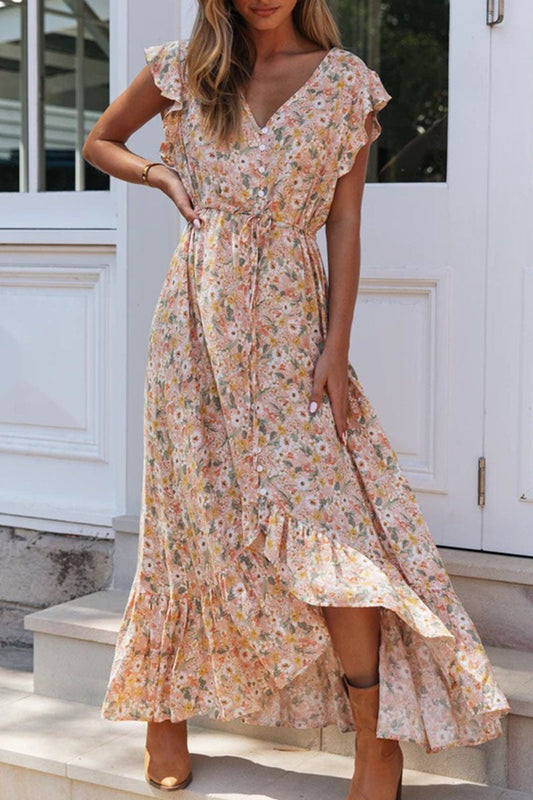 Street Print V Neck Waist Skirt Dresses
