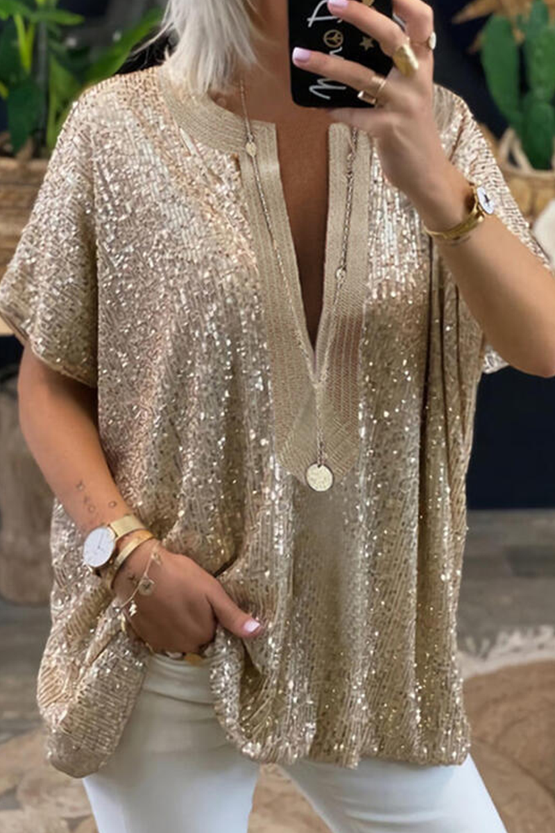 Patchwork Sequins V Neck Blouses