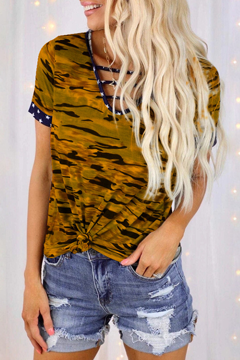 Street Camouflage Print Hollowed Out Patchwork V Neck T-shirts