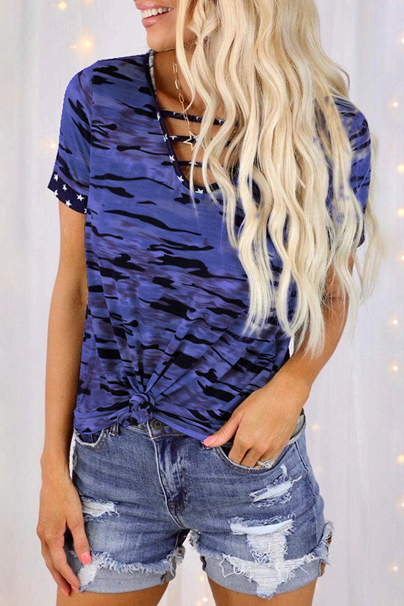 Street Camouflage Print Hollowed Out Patchwork V Neck T-shirts