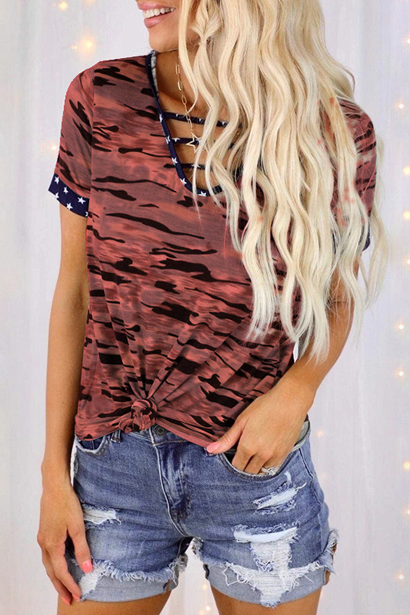 Street Camouflage Print Hollowed Out Patchwork V Neck T-shirts
