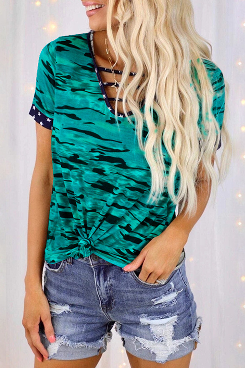 Street Camouflage Print Hollowed Out Patchwork V Neck T-shirts