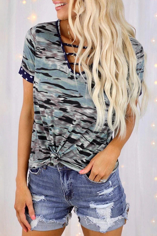 Street Camouflage Print Hollowed Out Patchwork V Neck T-shirts
